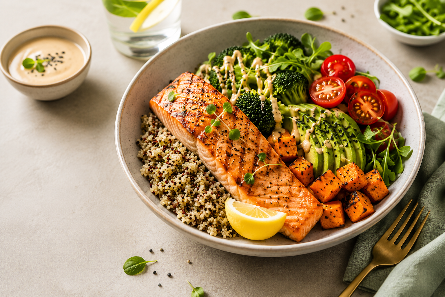 Repas équilibré et gourmand avec saumon, quinoa et légumes